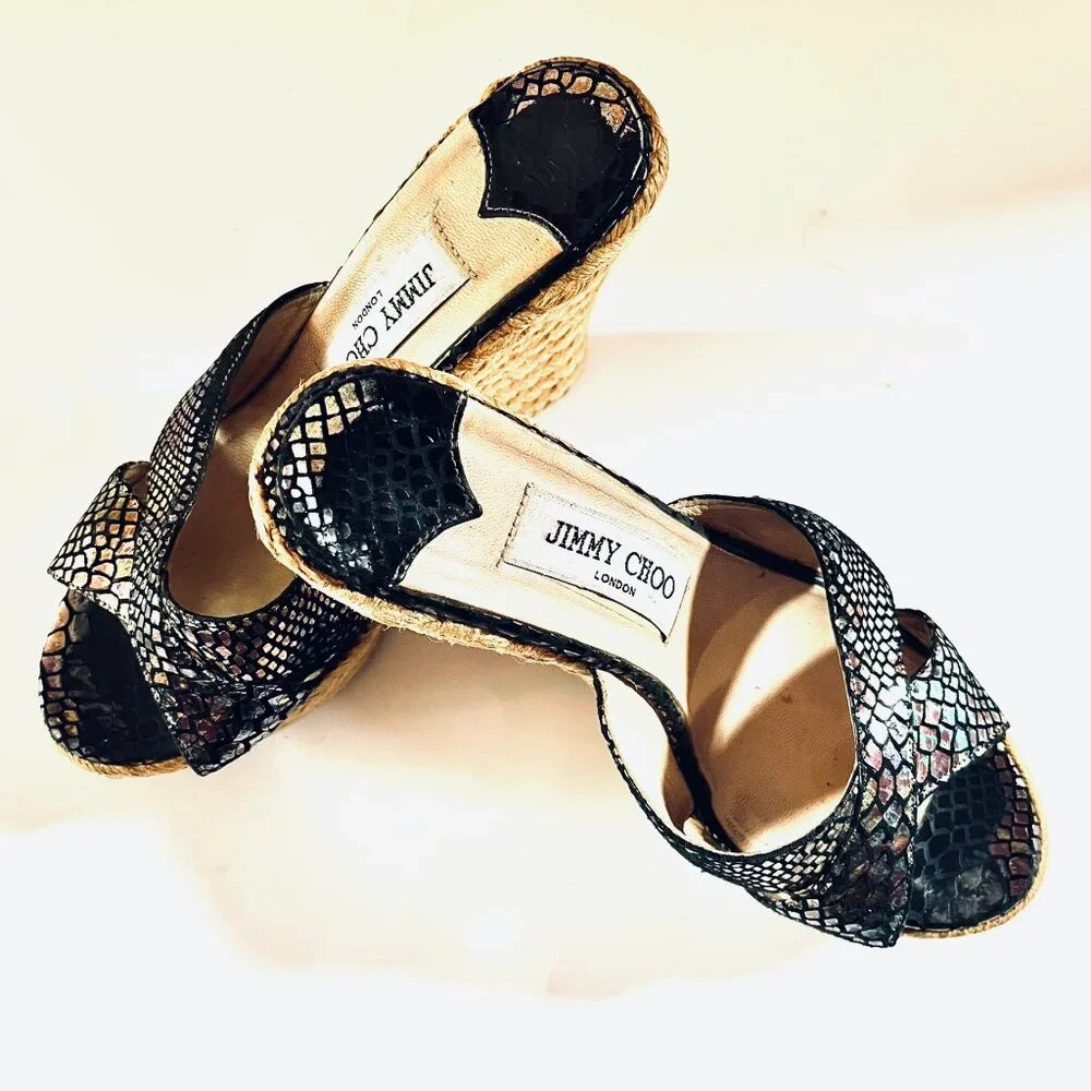 Jimmy Choo Iridescent Snakeskin Print Wedge Sandals - AS IS